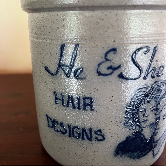 1988 Rockdale Union Stoneware Salt Glaze Crock Salon He She Hair Designs - Picture 5 of 7
